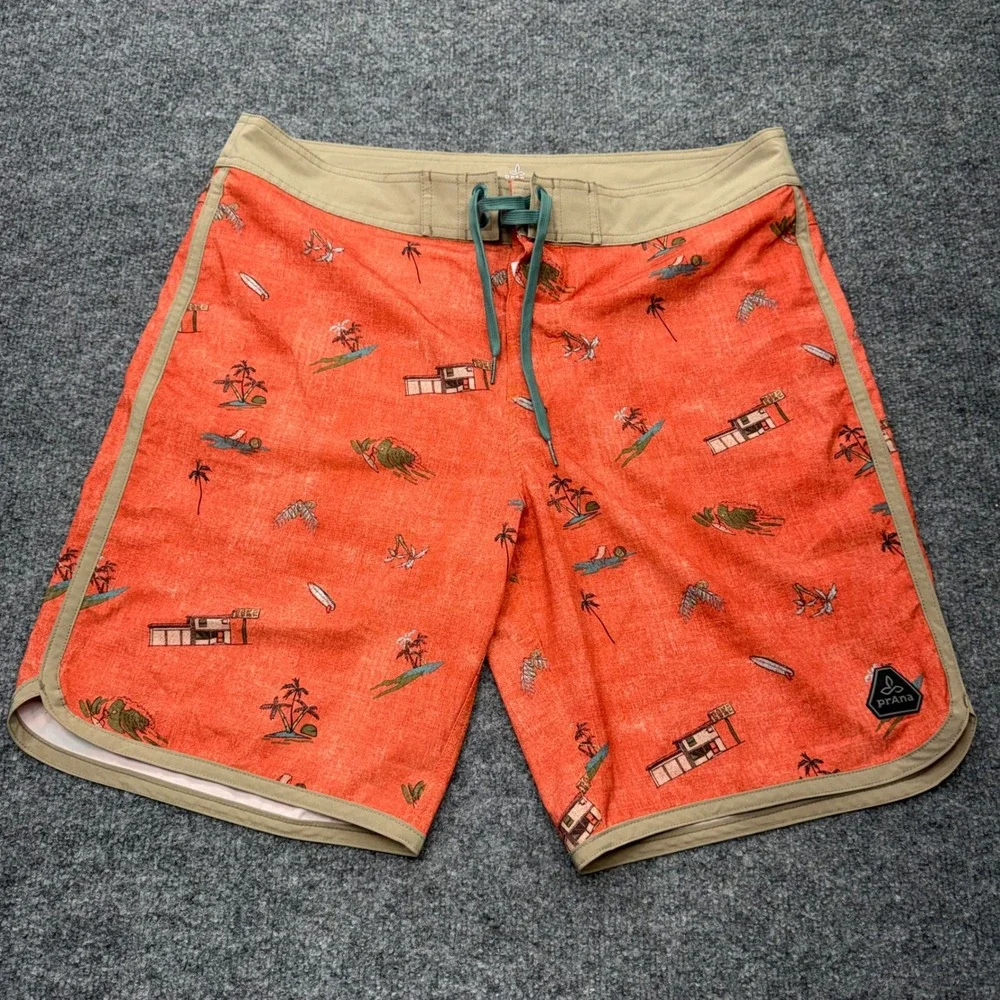 Prana Mens Burnt Orange Tiki Surf Print Board Shorts UPF 50+ Size 34 Retro Swim